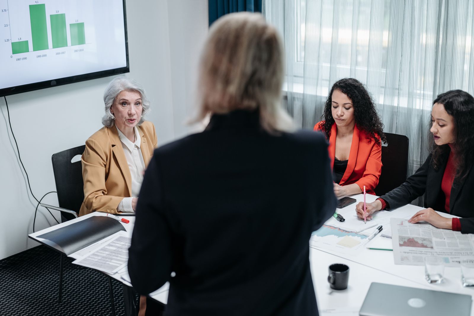 Quatro mulheres reunidas em volta de uma mesa, uma delas em pé, com um gráfico de barras na tela da parede.